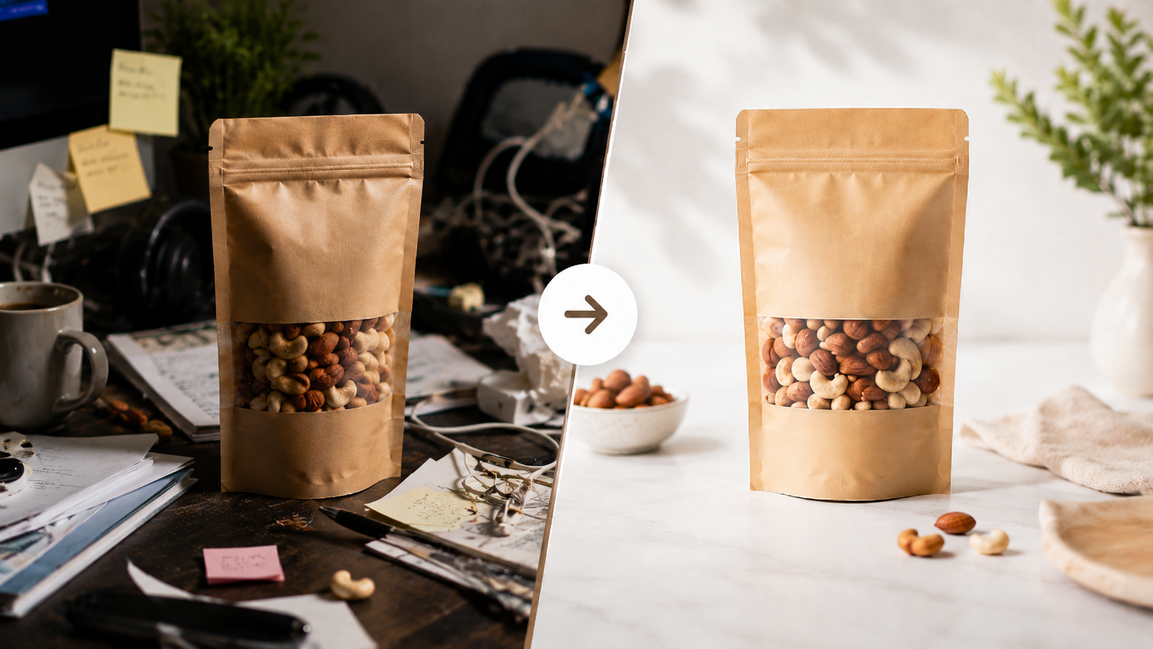 Perbandingan foto produk dengan background berantakan dan background yang bersih