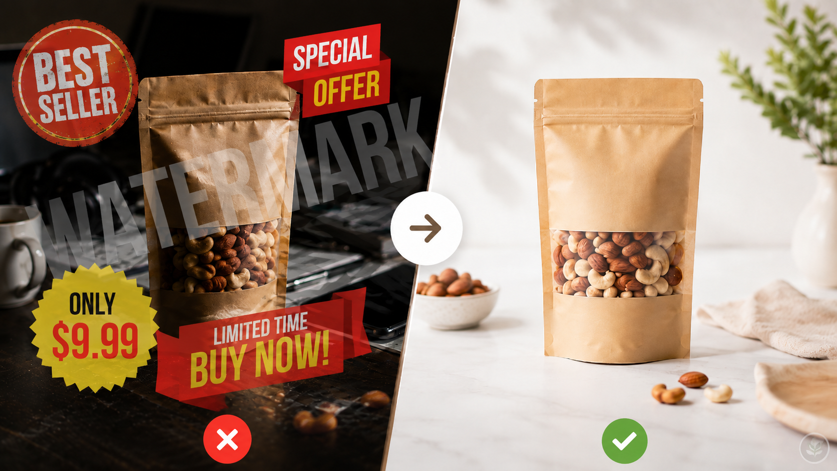 Perbandingan foto produk dengan watermark berlebihan dan foto produk yang bersih