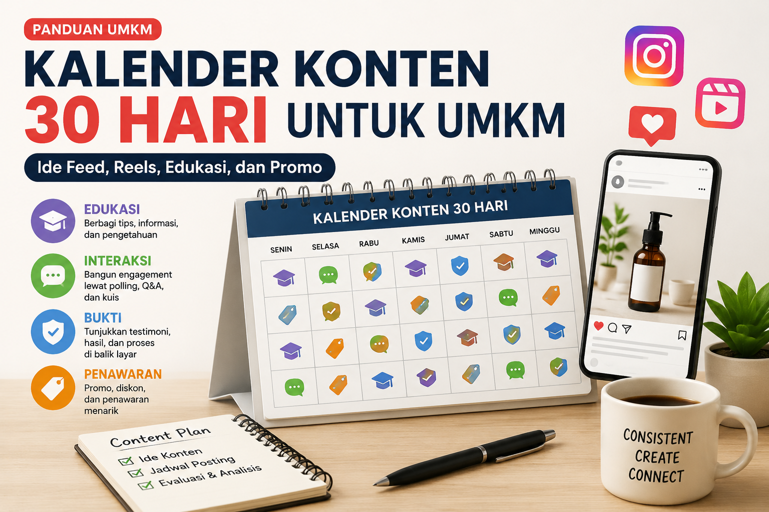 Kalender konten UMKM 30 hari berisi ide Feed Reels Story dan promosi
